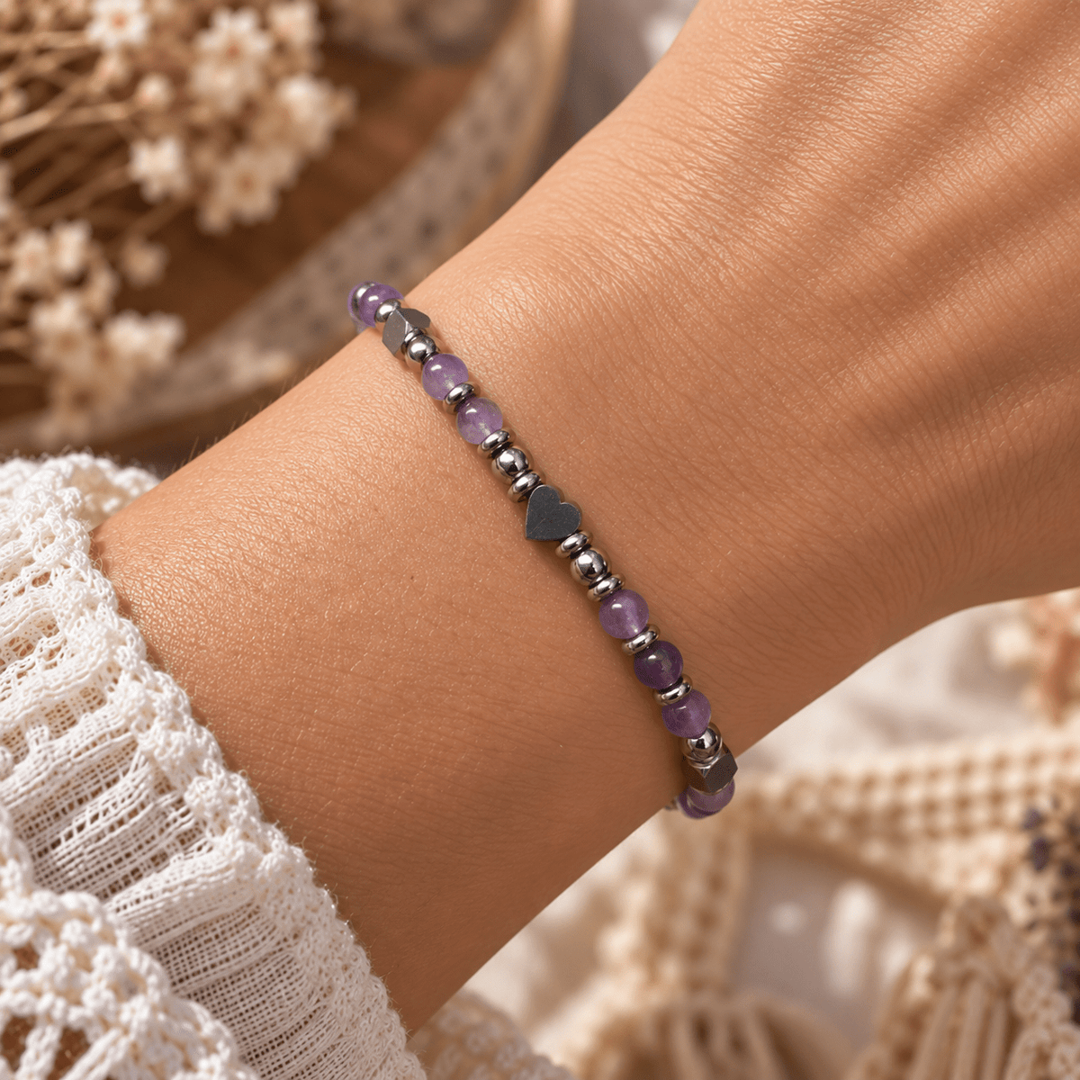 Bransoletka Ametyst Kamień 3mm Stal Chirurgiczna - Seralune
