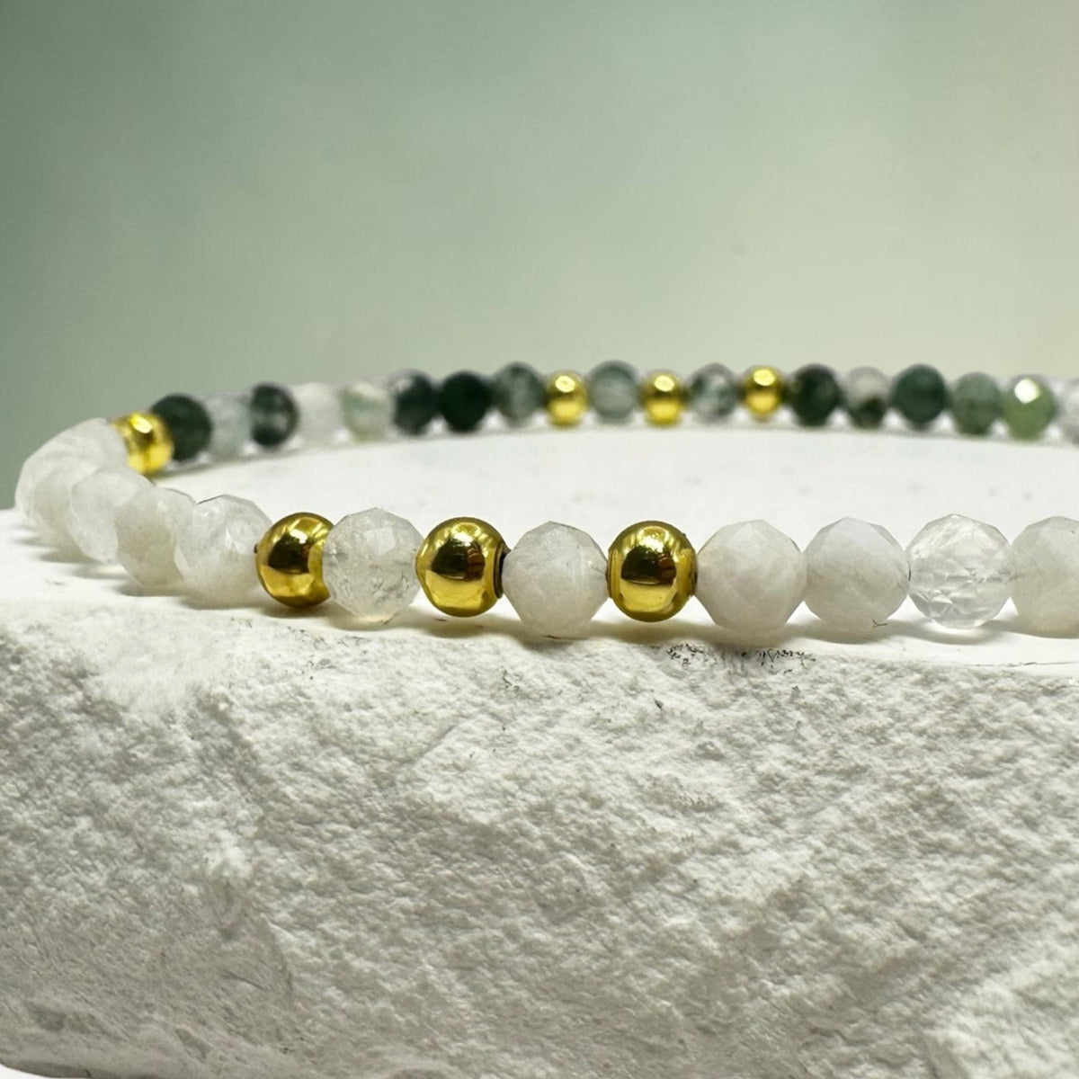 Bransoletka Kamień Księżycowy Agat Mszysty 3mm Złota 18k - Seralune