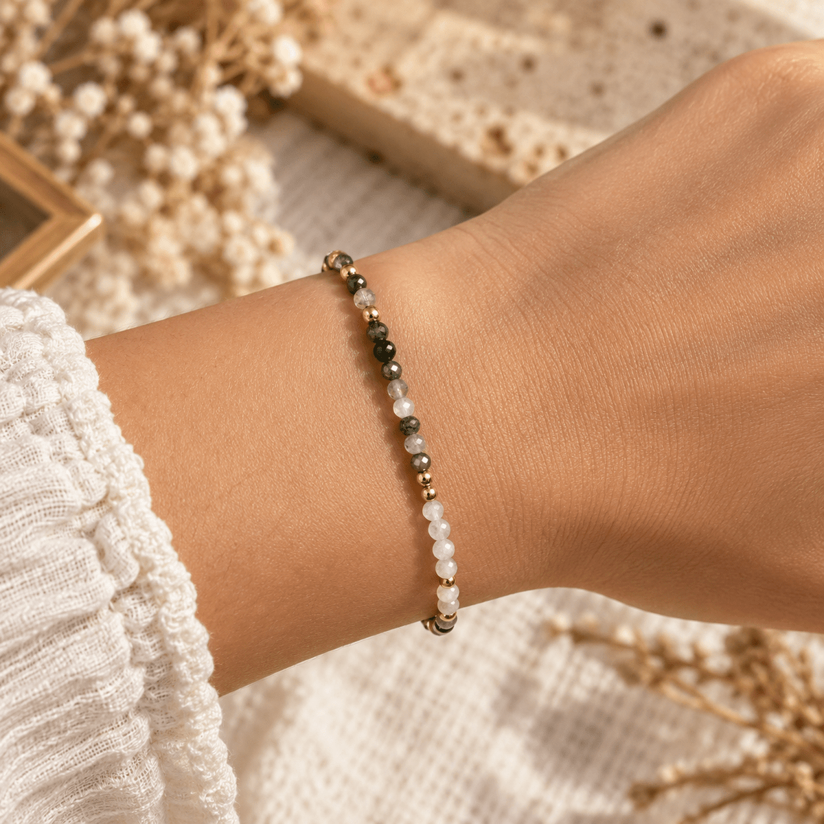 Bransoletka Kamień Księżycowy Agat Mszysty 3mm Złota 18k - Seralune
