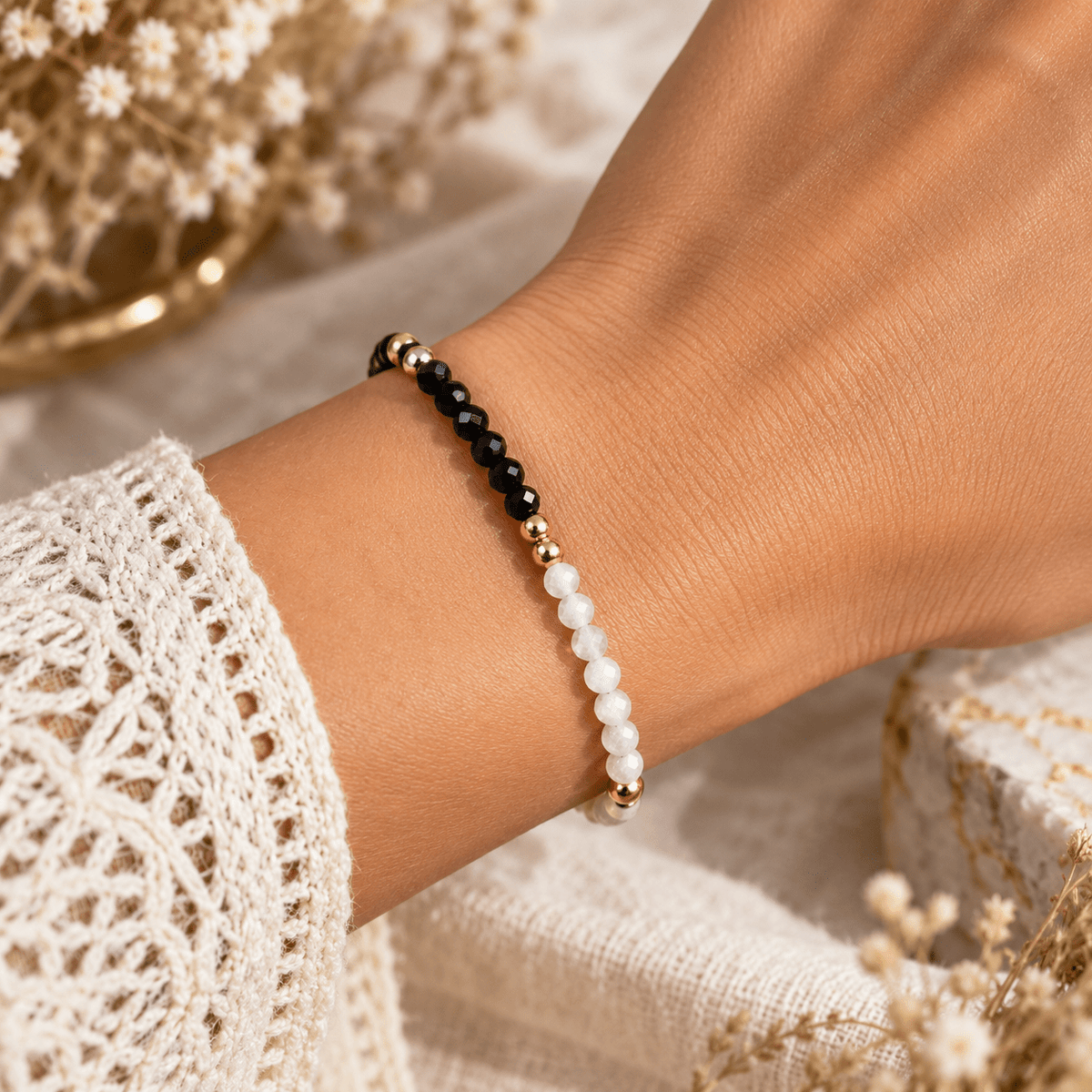 Bransoletka Kamień Księżycowy Czarny Spinel 3mm Złota 18k - Seralune