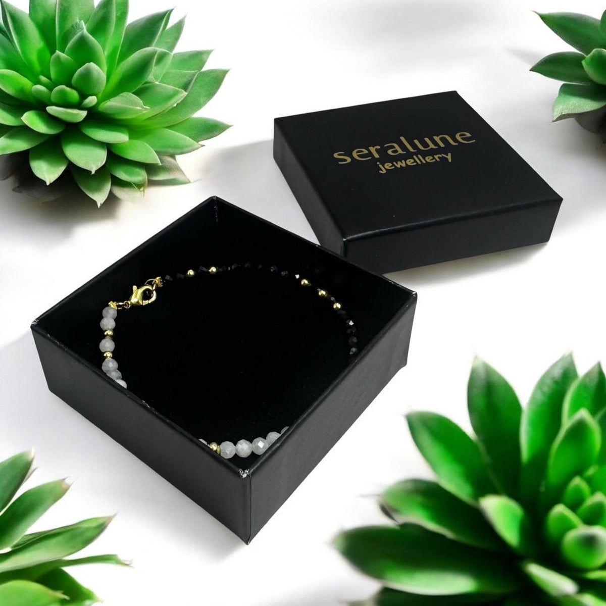 Bransoletka Kamień Księżycowy Czarny Spinel 3mm Złota 18k - Seralune