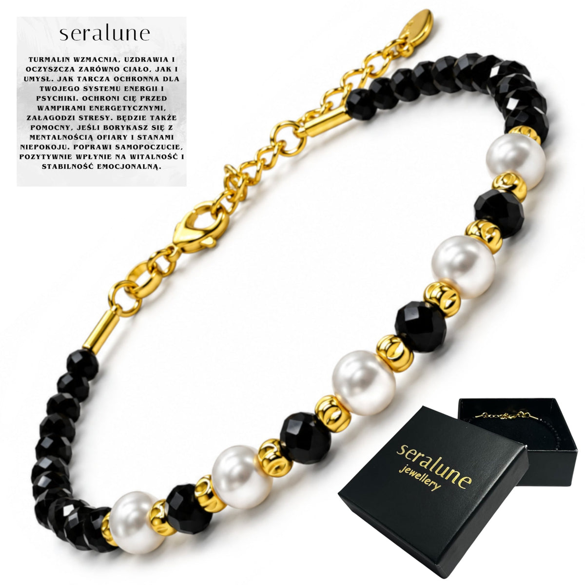 Bransoletka Ochronna Czarny Turmalin 2mm Perły Złota 18k - Seralune