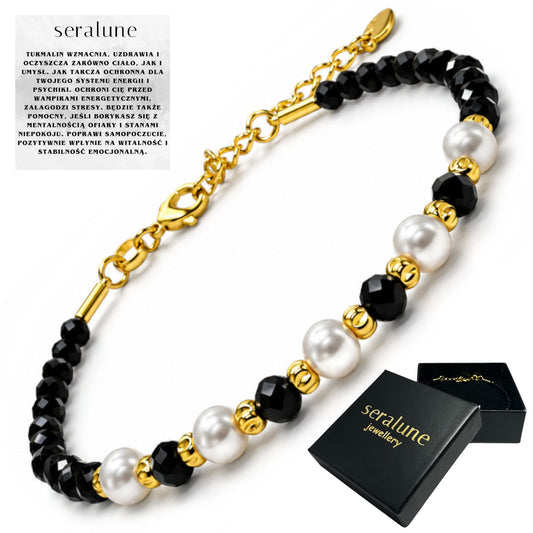 Bransoletka Ochronna Czarny Turmalin 2mm Perły Złota 18k - Seralune