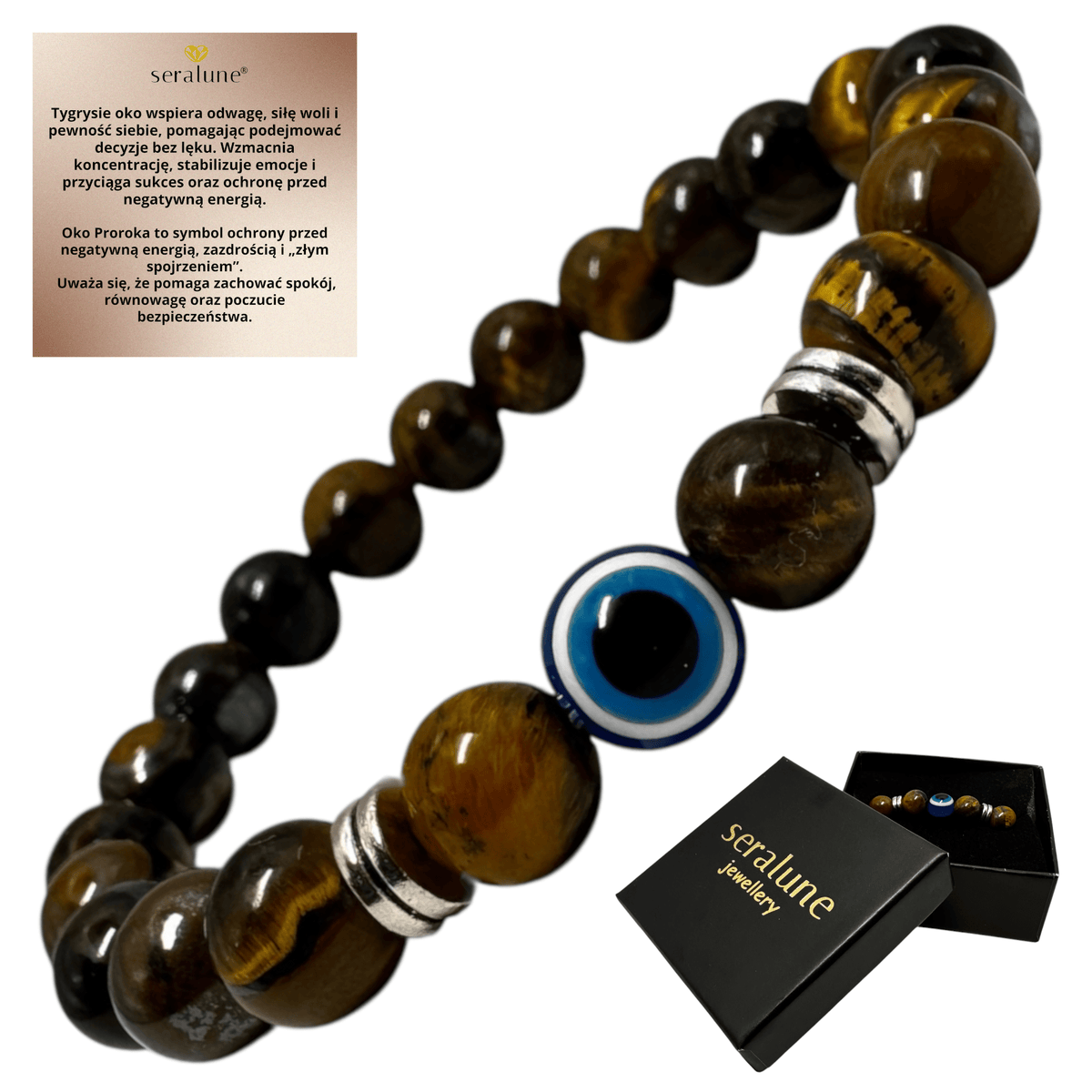 Bransoletka Oko Proroka Tygrysie Oko 8mm Kamień Amulet Evil Eye - Seralune