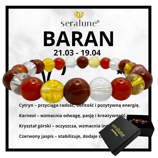 Bransoletka Znak Zodiaku Baran Cytryn Karneol Kryształ Górski 8mm - Seralune