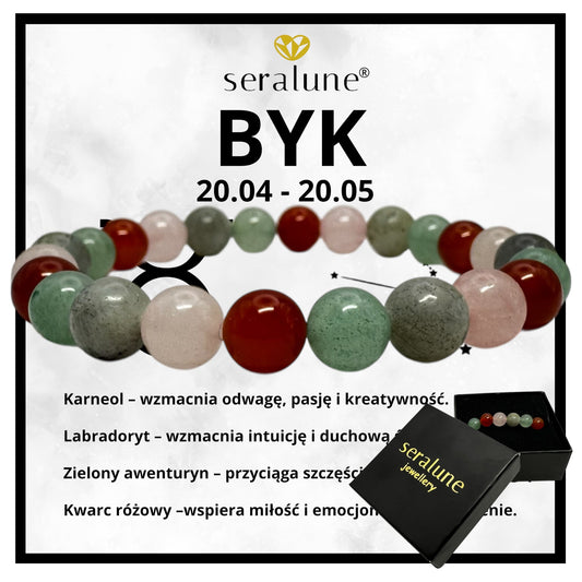 Bransoletka Znak Zodiaku Byk Karneol Labradoryt Awanturyn Kwarc 8mm - Seralune