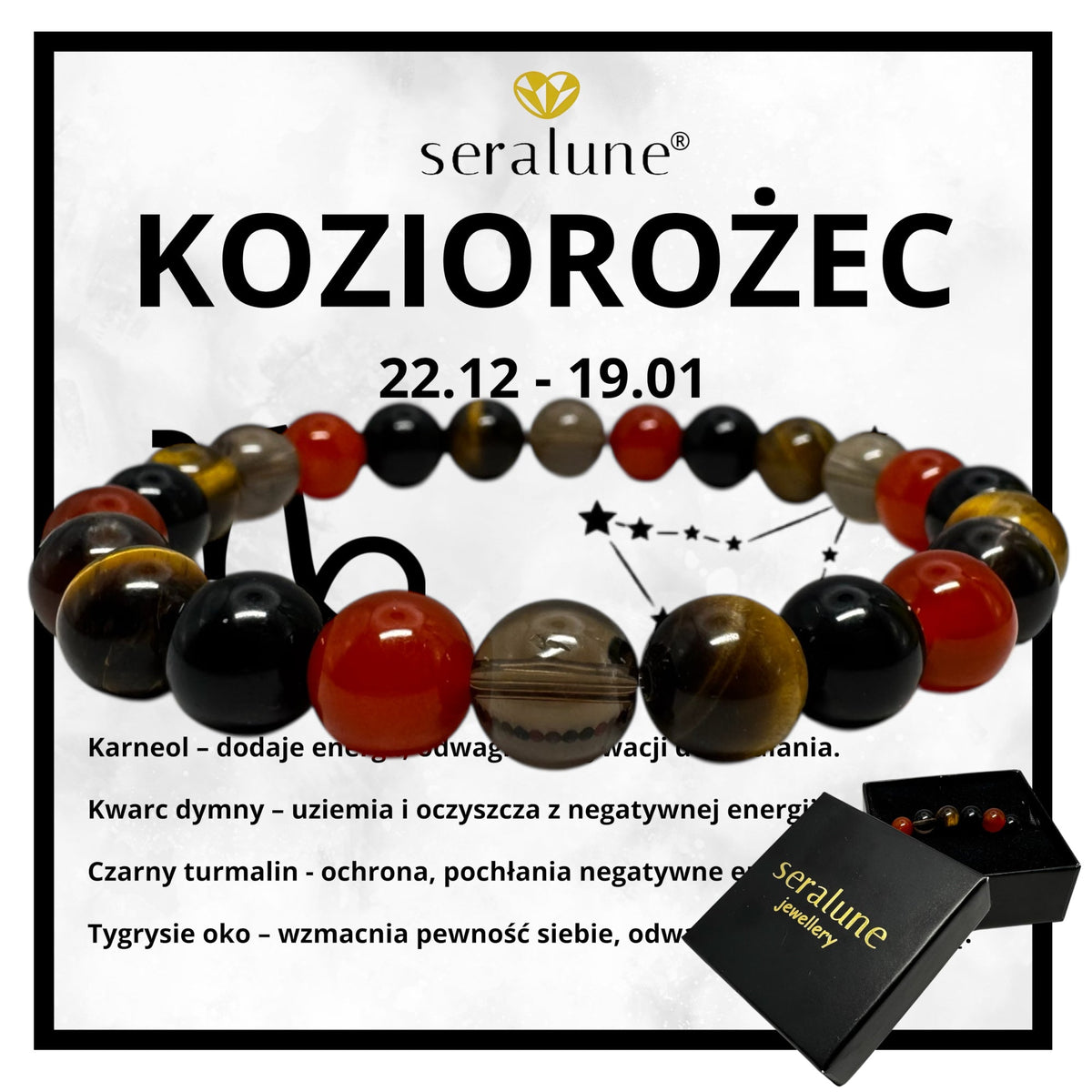 Bransoletka Znak Zodiaku Koziorożec Czarny Turmalin Karneol Kwarc 8mm - Seralune