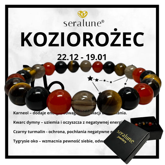 Bransoletka Znak Zodiaku Koziorożec Czarny Turmalin Karneol Kwarc 8mm - Seralune