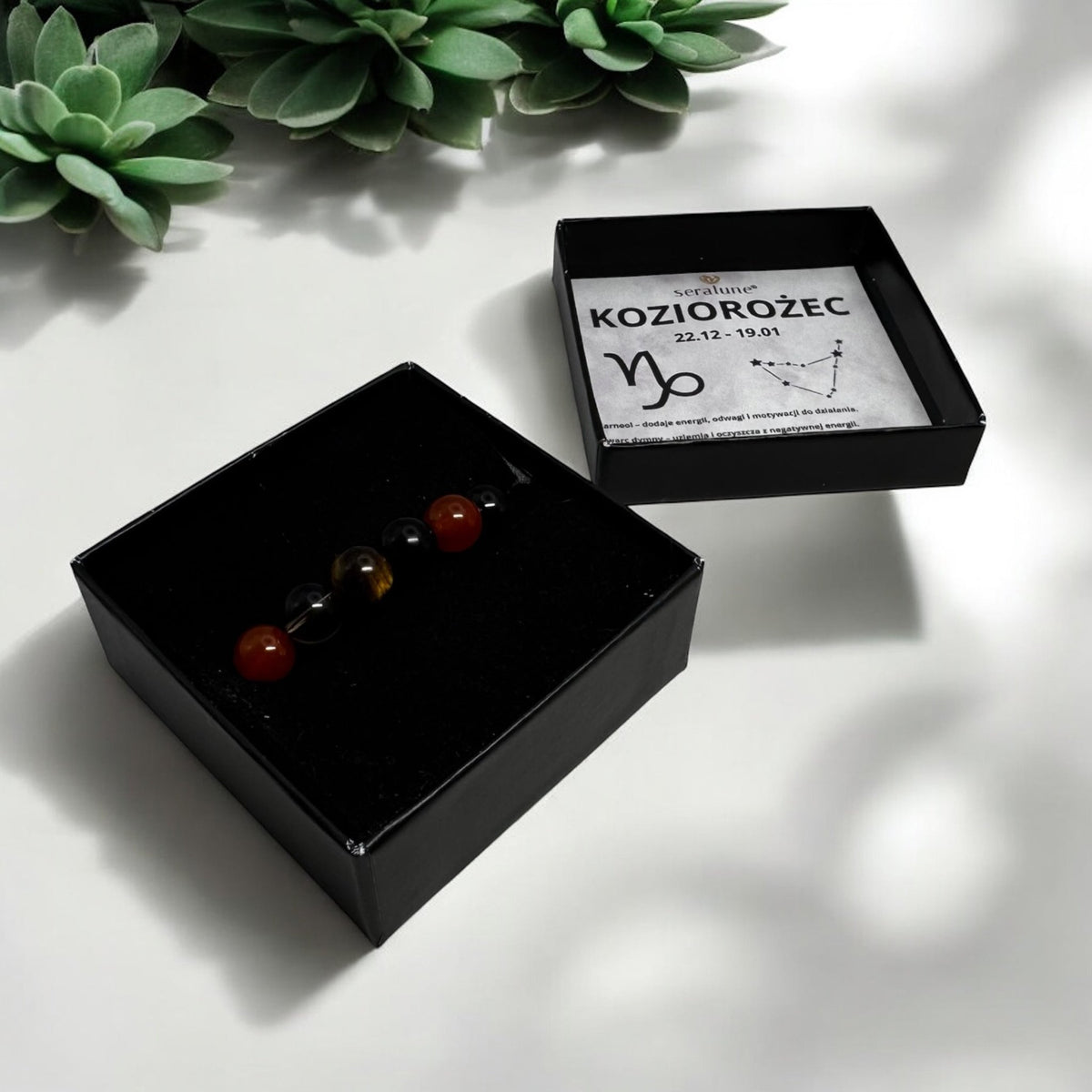 Bransoletka Znak Zodiaku Koziorożec Czarny Turmalin Karneol Kwarc 8mm - Seralune