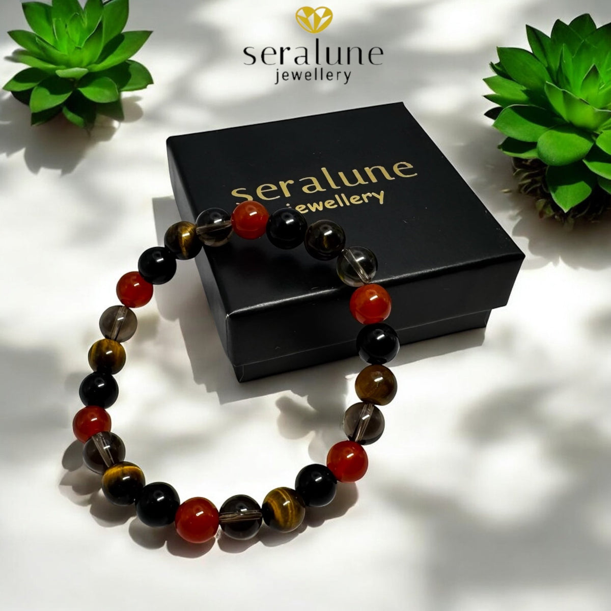 Bransoletka Znak Zodiaku Koziorożec Czarny Turmalin Karneol Kwarc 8mm - Seralune