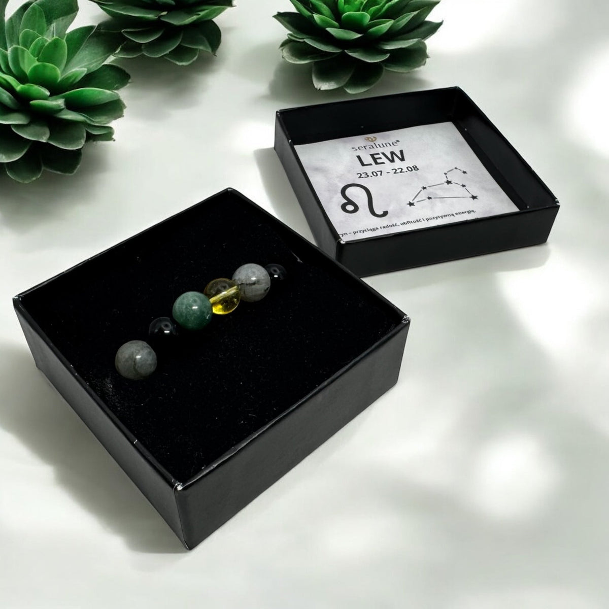 Bransoletka Znak Zodiaku Lew Cytryn Labradoryt Onyks Jaspis Morski 8mm - Seralune