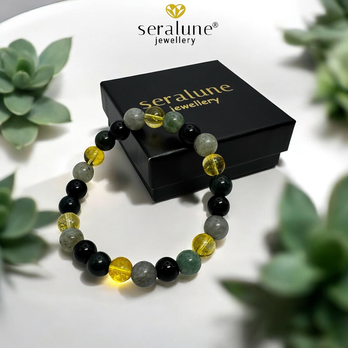 Bransoletka Znak Zodiaku Lew Cytryn Labradoryt Onyks Jaspis Morski 8mm - Seralune