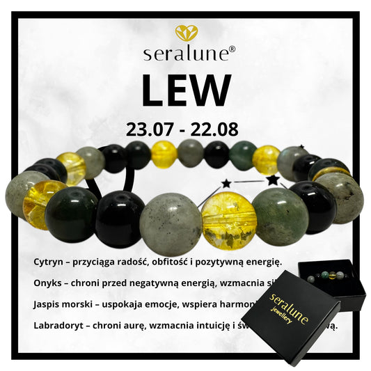 Bransoletka Znak Zodiaku Lew Cytryn Labradoryt Onyks Jaspis Morski 8mm - Seralune