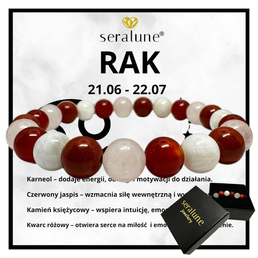 Bransoletka Znak Zodiaku Rak Kamień Księżycowy Karneol Jaspis Kwarc 8mm - Seralune
