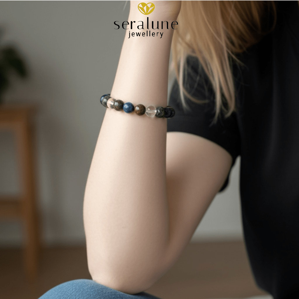 Bransoletka Znak Zodiaku Ryby Sodalit Jaspis Kwarc Górski Heliotrop 8mm - Seralune