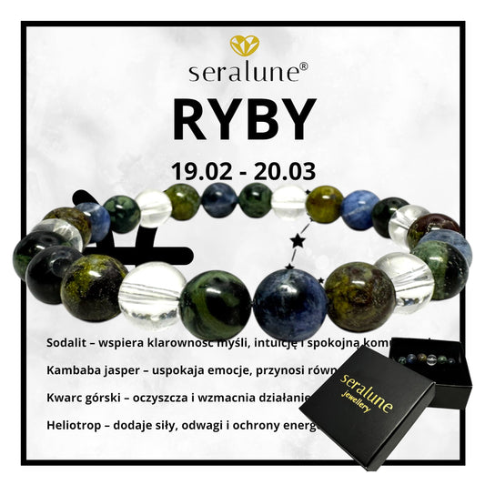 Bransoletka Znak Zodiaku Ryby Sodalit Jaspis Kwarc Górski Heliotrop 8mm - Seralune
