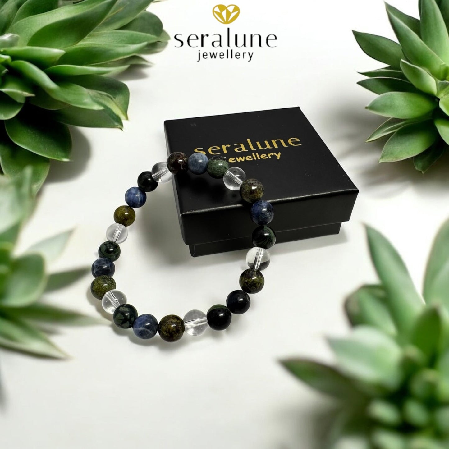 Bransoletka Znak Zodiaku Ryby Sodalit Jaspis Kwarc Górski Heliotrop 8mm - Seralune