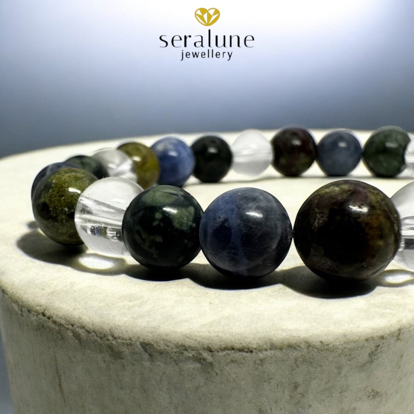 Bransoletka Znak Zodiaku Ryby Sodalit Jaspis Kwarc Górski Heliotrop 8mm - Seralune