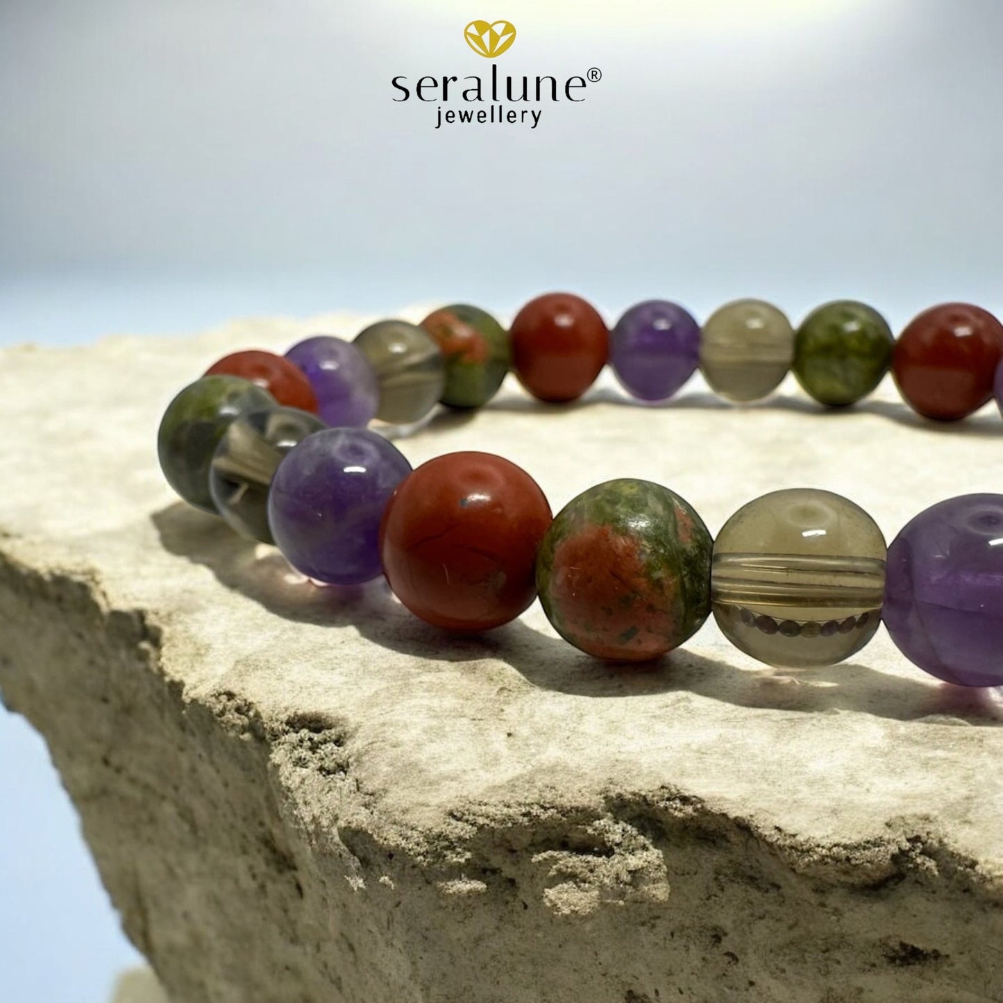 Bransoletka Znak Zodiaku Skorpion Ametyst Kwarc Dymny Unakit Jaspis 8mm - Seralune