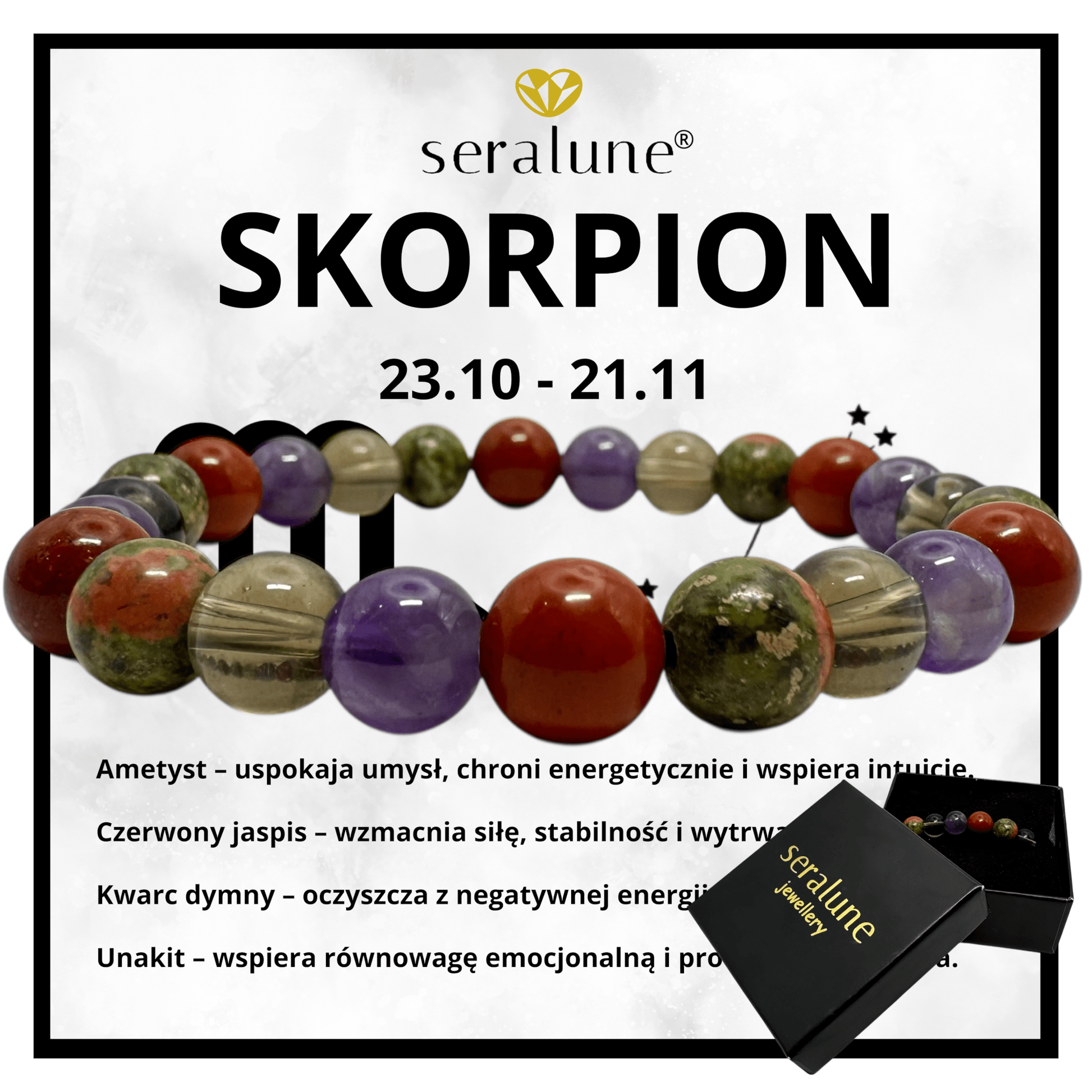 Bransoletka Znak Zodiaku Skorpion Ametyst Kwarc Dymny Unakit Jaspis 8mm - Seralune