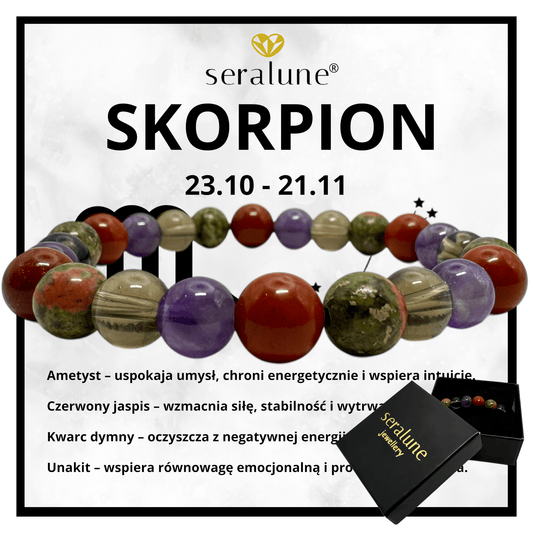 Bransoletka Znak Zodiaku Skorpion Ametyst Kwarc Dymny Unakit Jaspis 8mm - Seralune