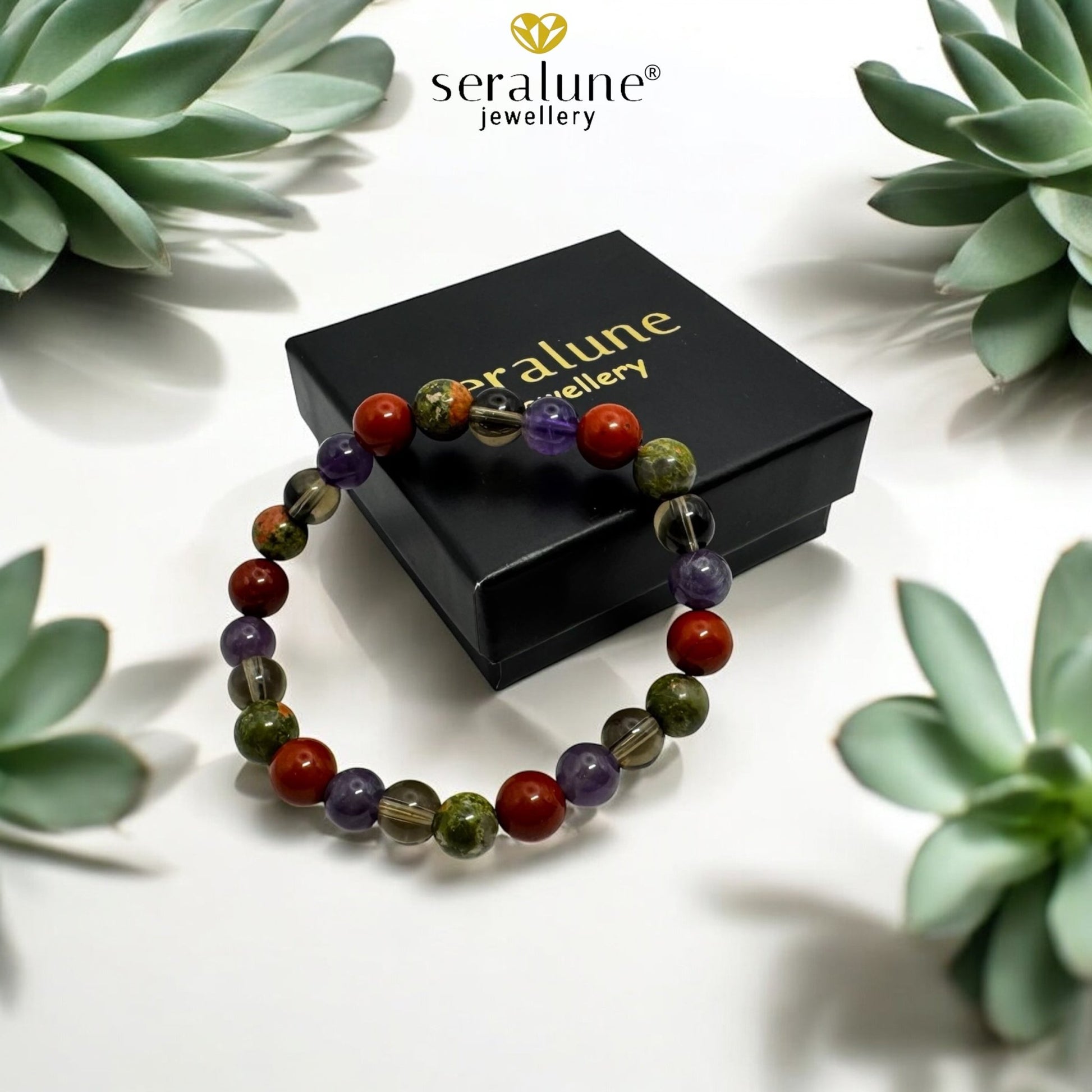 Bransoletka Znak Zodiaku Skorpion Ametyst Kwarc Dymny Unakit Jaspis 8mm - Seralune