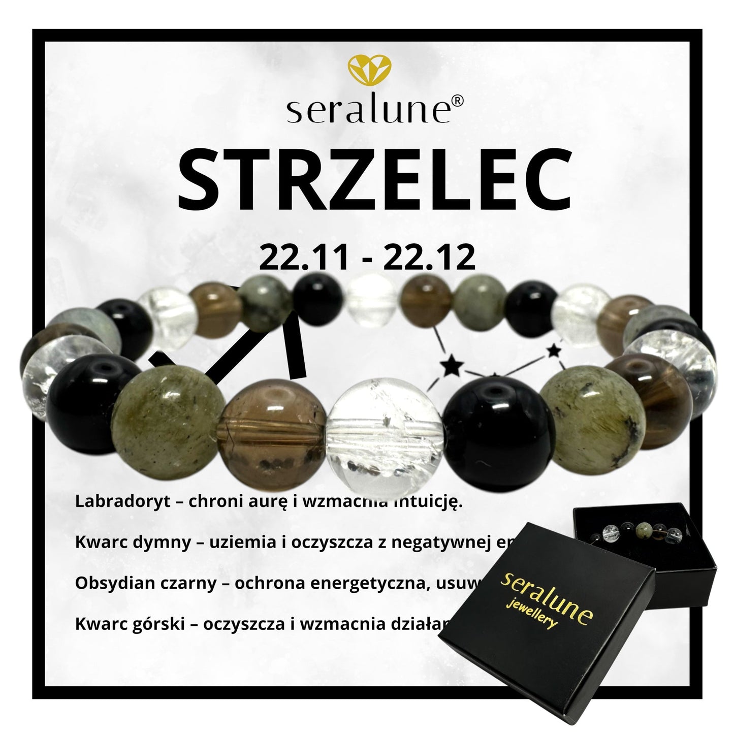 Bransoletka Znak Zodiaku Strzelec Obsydian Labradoryt Kwarc Dymny 8mm - Seralune