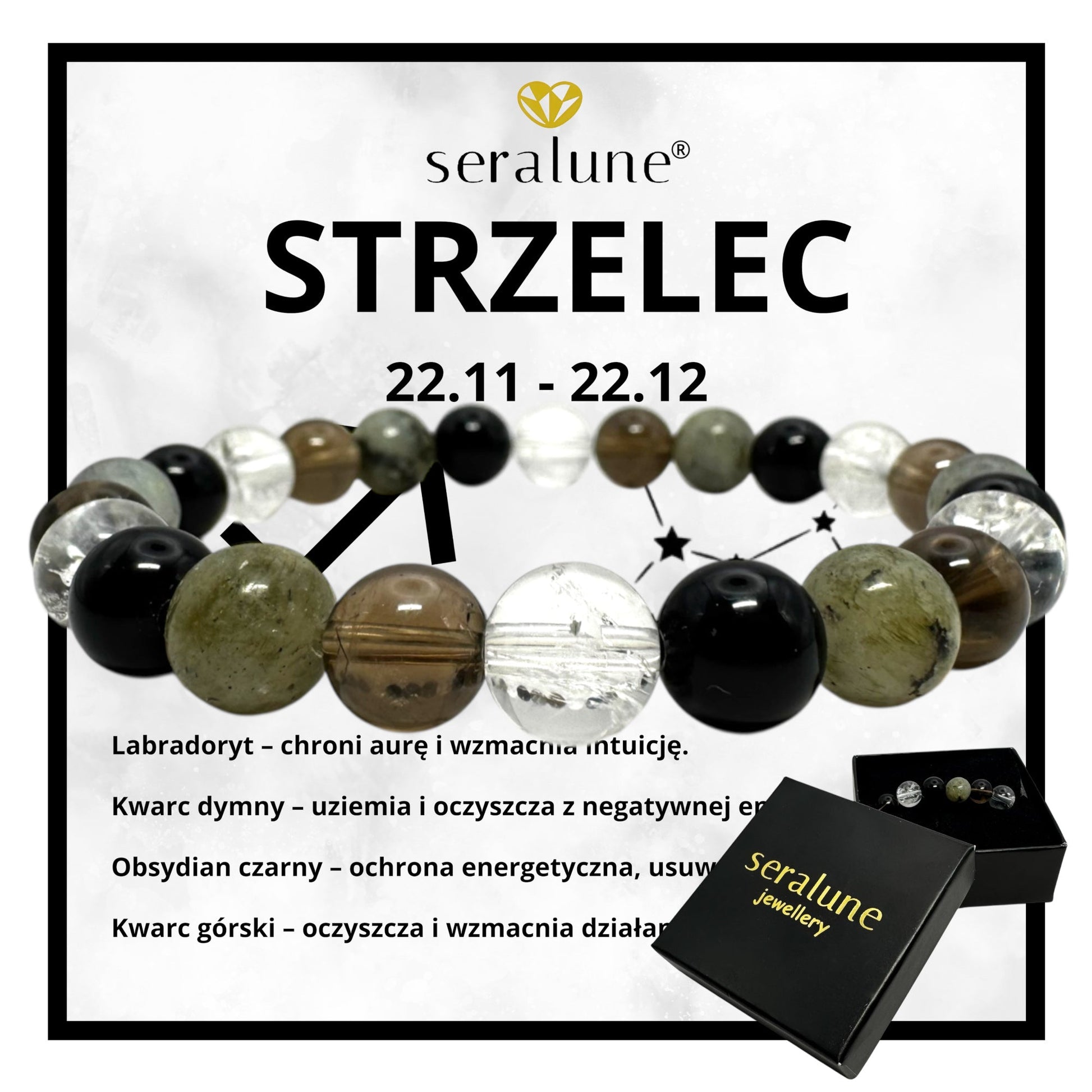 Bransoletka Znak Zodiaku Strzelec Obsydian Labradoryt Kwarc Dymny 8mm - Seralune