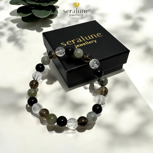 Bransoletka Znak Zodiaku Strzelec Obsydian Labradoryt Kwarc Dymny 8mm - Seralune