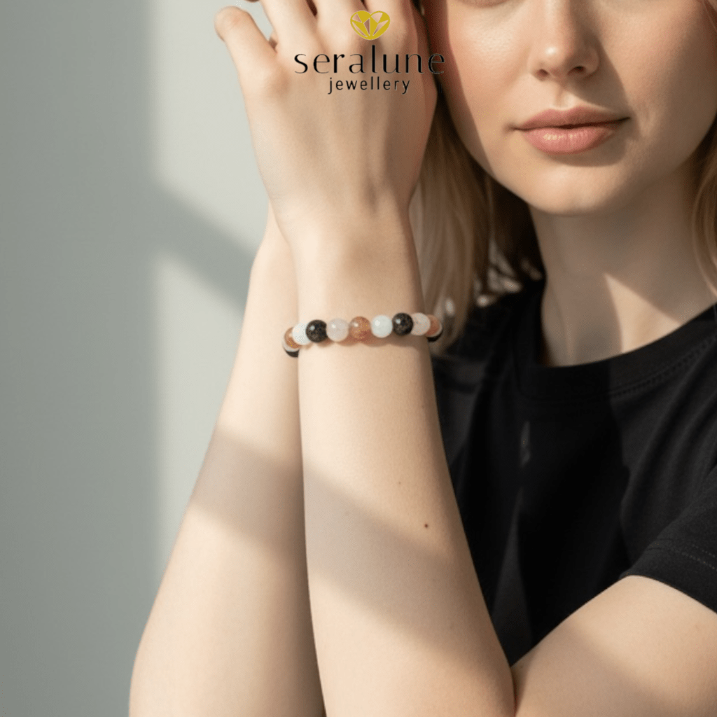 Bransoletka Znak Zodiaku Waga Kamień Księżycowy Słoneczny Kwarc 8mm - Seralune