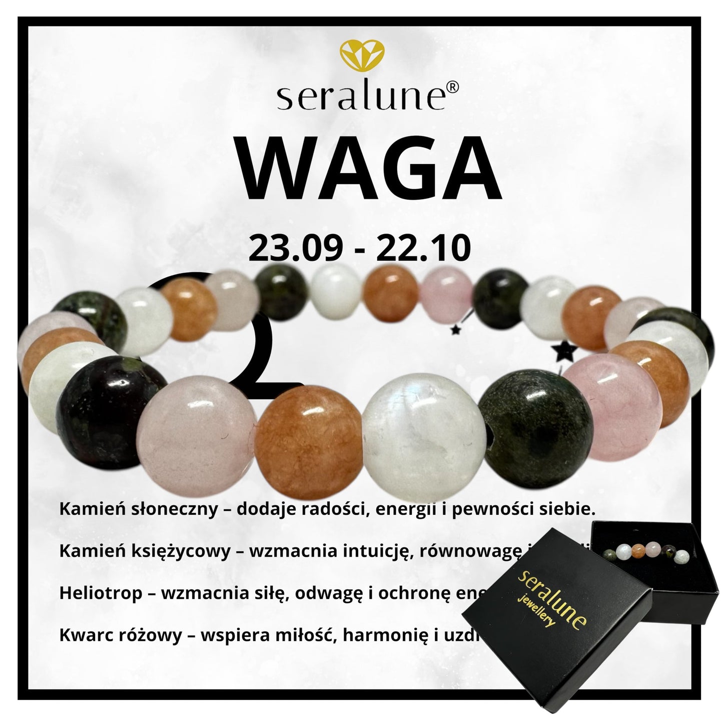 Bransoletka Znak Zodiaku Waga Kamień Księżycowy Słoneczny Kwarc 8mm - Seralune