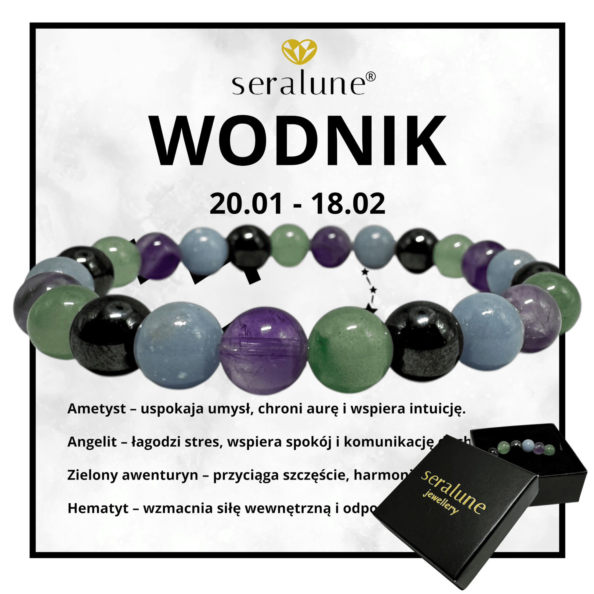 Bransoletka Znak Zodiaku Wodnik Ametyst Angelit Awanturyn Hematyt 8mm - Seralune