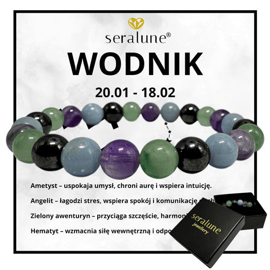 Bransoletka Znak Zodiaku Wodnik Ametyst Angelit Awanturyn Hematyt 8mm - Seralune