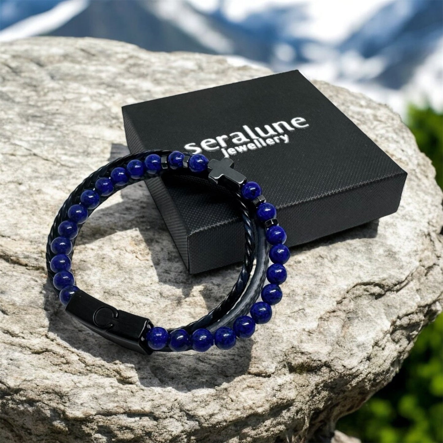 Brasnoletka Męska Skórzana Lapis Lazuli Krzyż z Hematytu Magnetyczna - Seralune