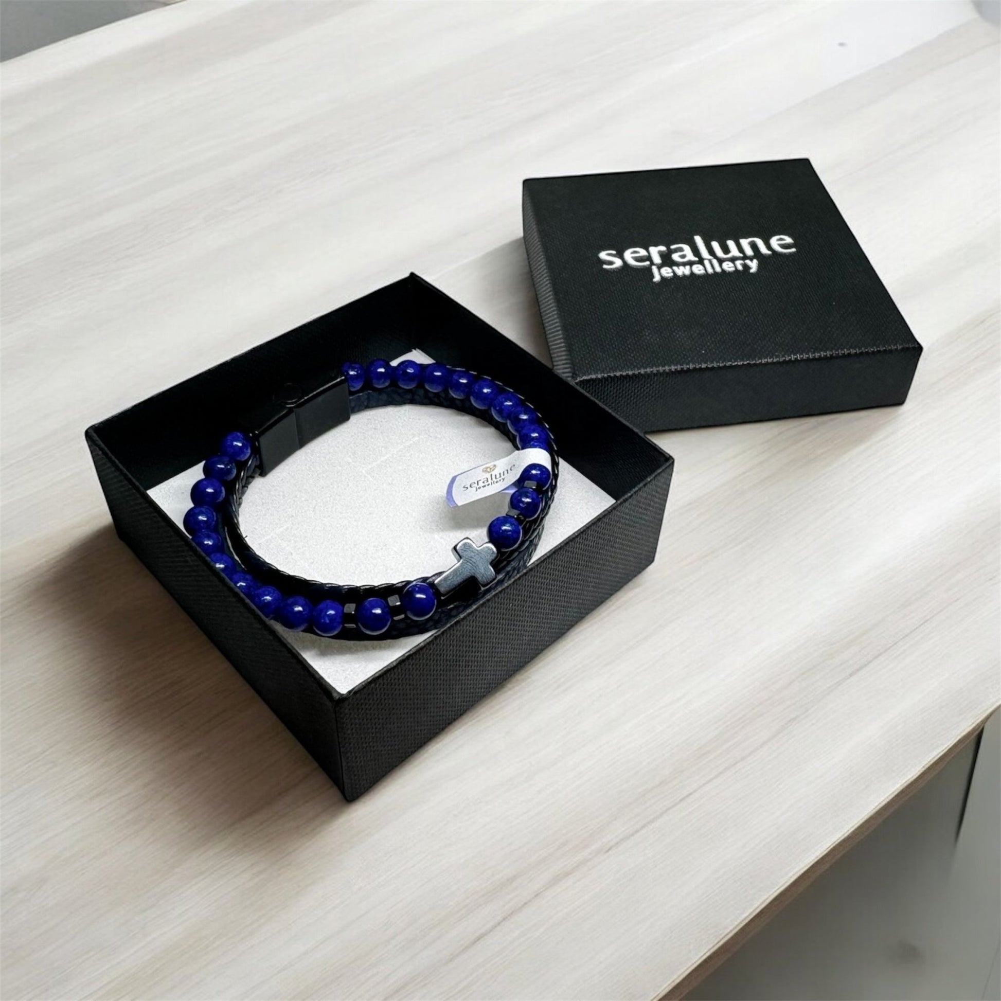 Brasnoletka Męska Skórzana Lapis Lazuli Krzyż z Hematytu Magnetyczna - Seralune
