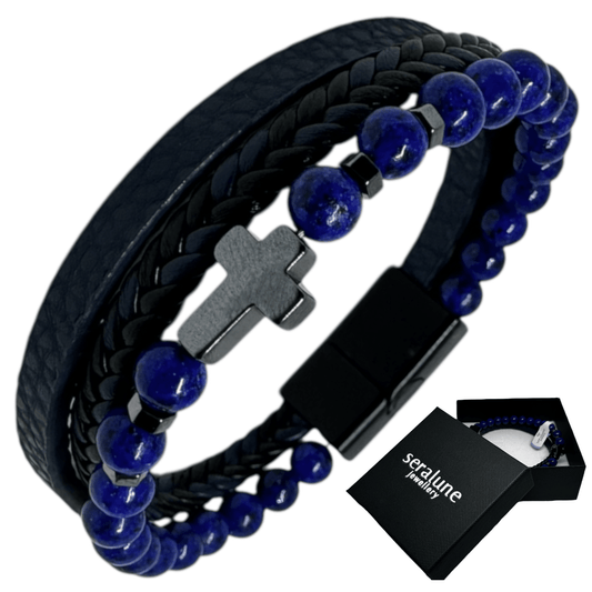 Brasnoletka Męska Skórzana Lapis Lazuli Krzyż z Hematytu Magnetyczna - Seralune