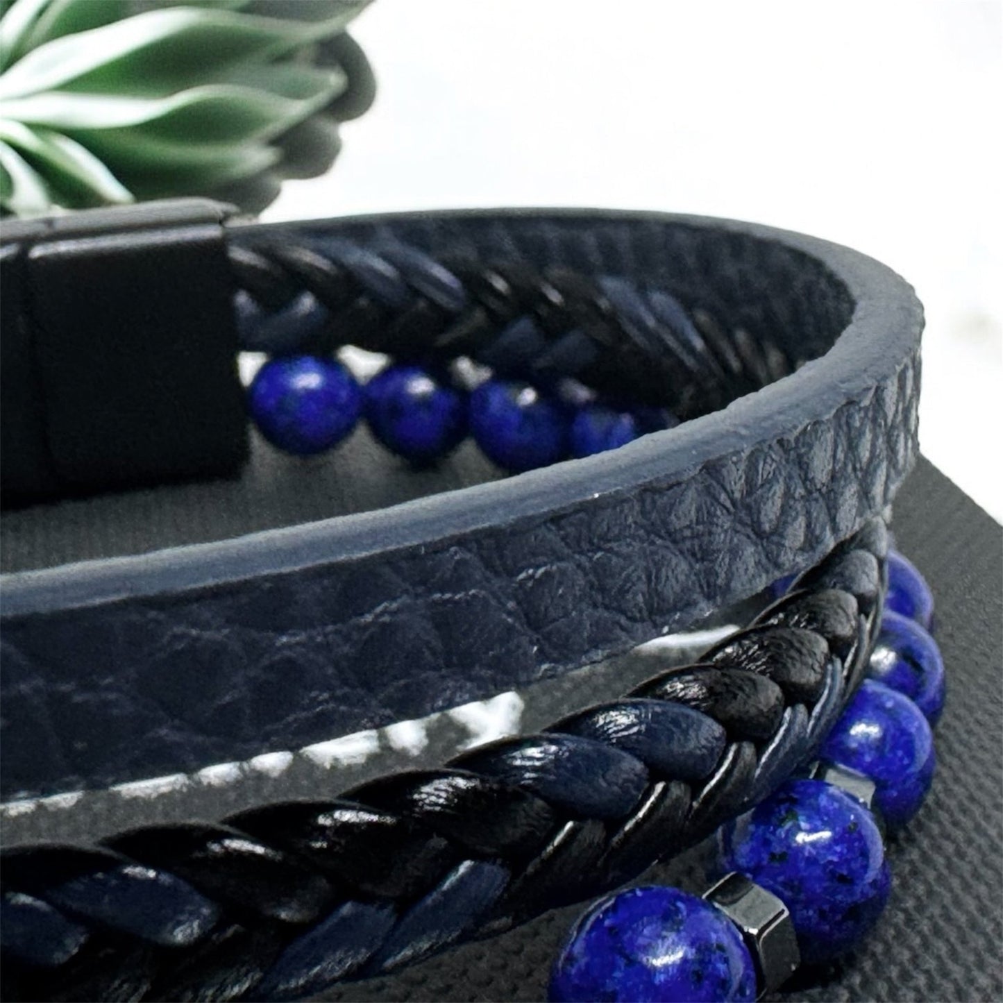 Brasnoletka Męska Skórzana Lapis Lazuli Krzyż z Hematytu Magnetyczna - Seralune