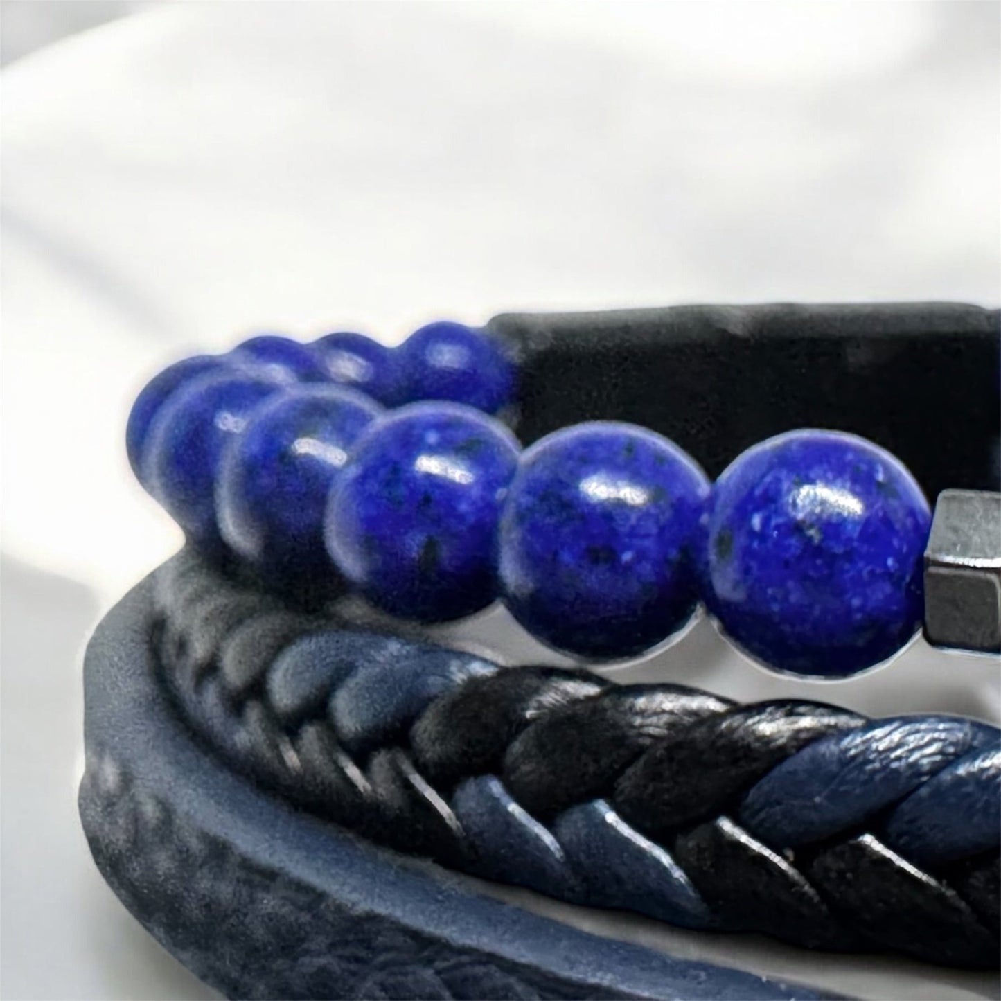 Brasnoletka Męska Skórzana Lapis Lazuli Krzyż z Hematytu Magnetyczna - Seralune