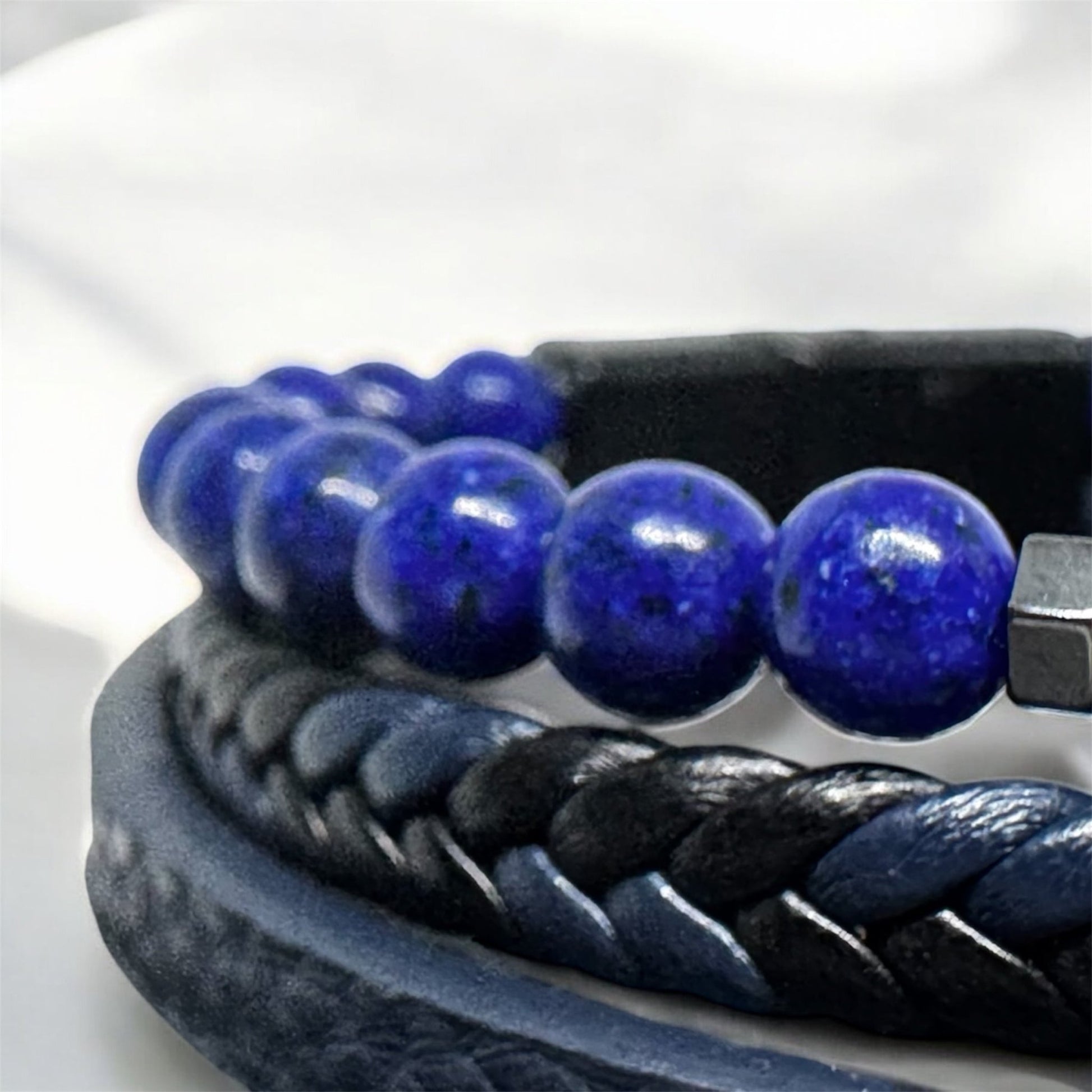 Brasnoletka Męska Skórzana Lapis Lazuli Krzyż z Hematytu Magnetyczna - Seralune