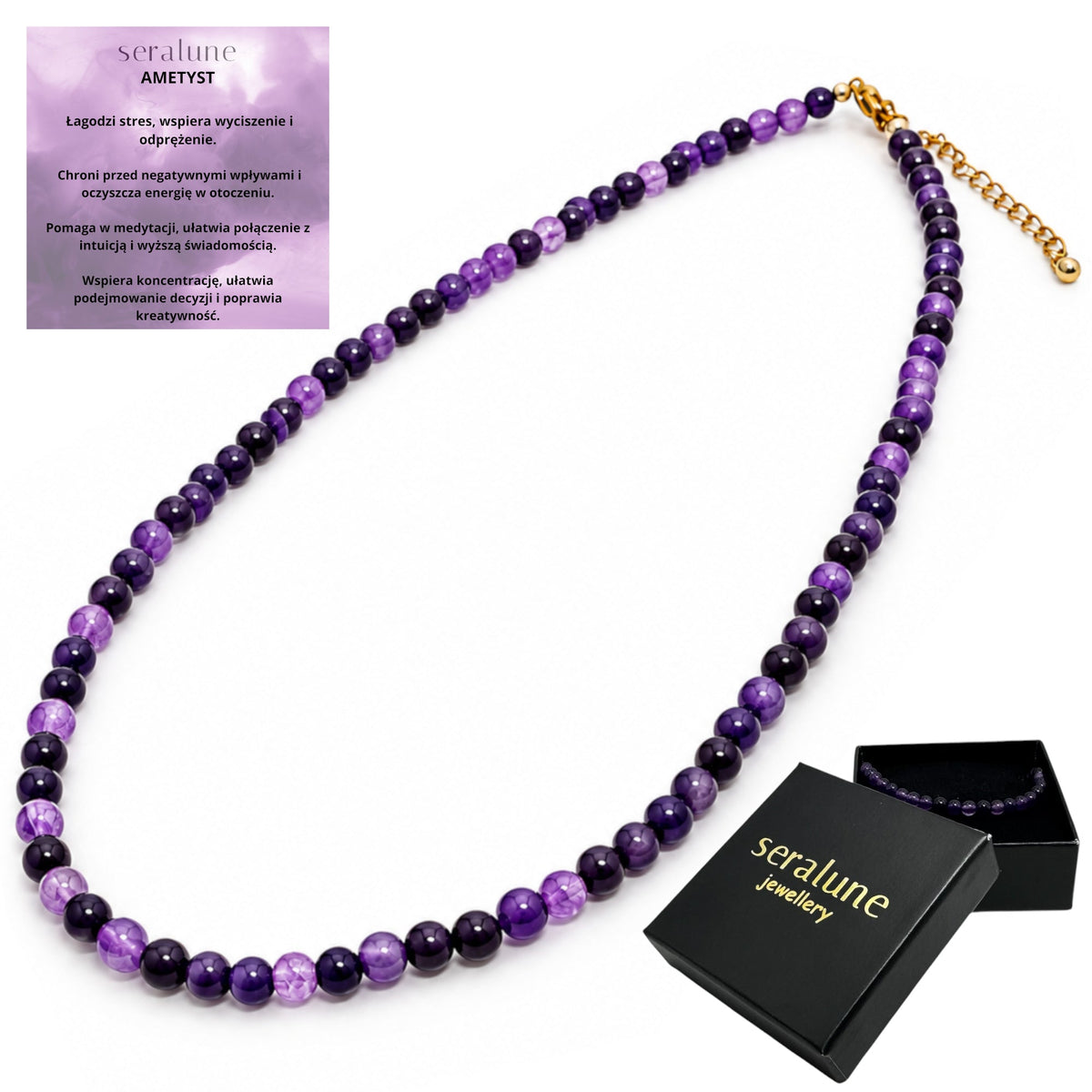Naszyjnik Ametyst Choker Naturalny Kamień 3mm - Seralune