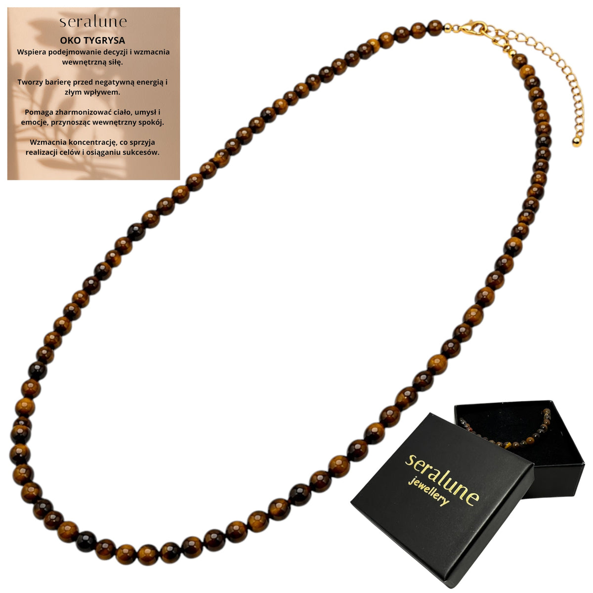 Naszyjnik Tygrysie Oko Choker Tiger Eye Naturalny Kamień 3mm - Seralune